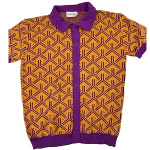 OXKNITSTORE Shirt XL Men Geometric Print Short Sleeve Collared Button Up Orange